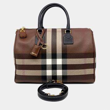 Pre Owned Burberry Brown Leather Check Bowling Bag