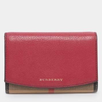 Pre Owned Burberry Beige/Red House Check Fabric and Leather Flap Wallet