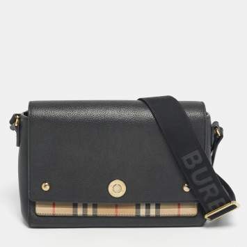 Pre Owned Burberry Black/Beige  House Check Fabric and Leather Note Shoulder Bag