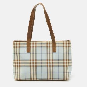 Pre Owned Burberry Light Blue/Brown Nova Check PVC and Leather Zip Tote