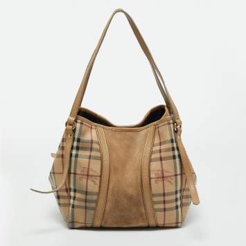 Pre Owned Burberry Beige Haymarket Coated Canvas and Suede Canterbury Tote