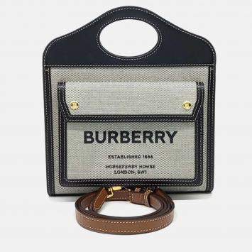Pre Owned Burberry Black Grey Canvas and Leather Burberry Black Grey Pocket Bag Mini