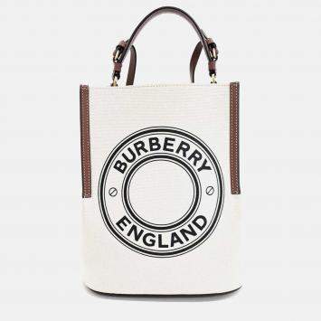 Pre Owned Burberry Brown Cream Fabric Canvas Peggy Bucket Bag