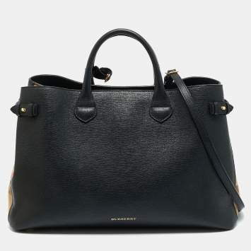 Pre Owned Burberry Black Leather and House Check Fabric Large Banner Tote