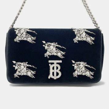Pre Owned Burberry Lola Bag TB Logo Crystal Bag Black Velvet Rhinestone