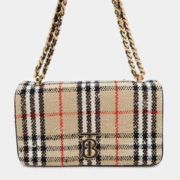 Pre Owned Burberry Lola Vintage Check Beige Canvas Small Shoulder Bag