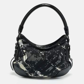 Pre Owned Burberry Black Floral Beatcheck Nylon and Patent Leather Small Foley Hobo