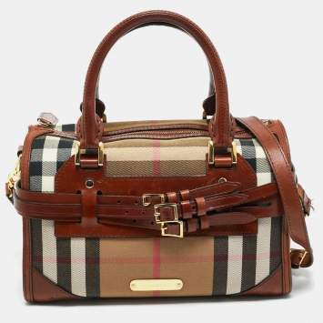 Pre Owned Burberry Beige/Brown House Check Canvas and Leather Bridle Chester Bowler Bag