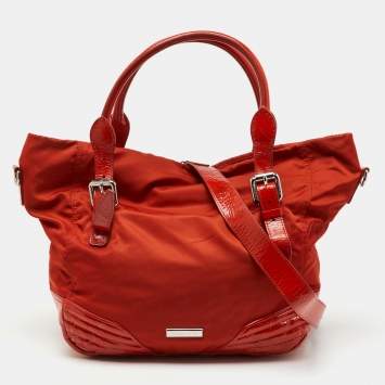Pre Owned Burberry Orange Nylon and Patent Leather Buckle Handle Tote