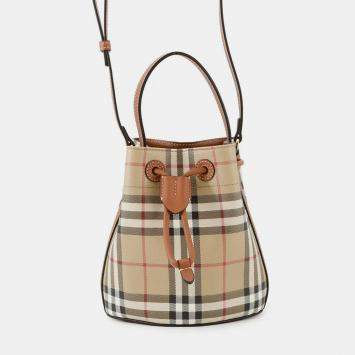 Pre Owned Burberry Checked Bucket Bag Archive Beige/Briar Brown Pvc Leather Size Mini