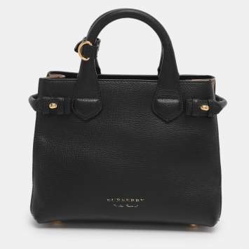 Pre Owned Burberry Black/Beige Leather and House Check Fabric Mini Banner Tote