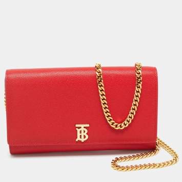 Pre Owned Burberry Red Leather TB Logo Wallet On Chain