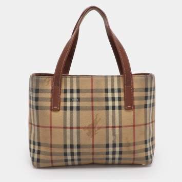 Pre Owned Burberry Brown/Beige Haymarket Check Coated Canvas Tote