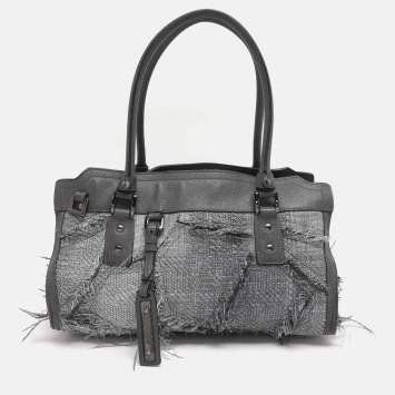 Pre Owned Burberry Grey Leather and Woven Patchwork Straw Satchel