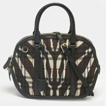 مملوكة مسبقًا Burberry Black/Brown Zebra Print Haymarket Check Nylon and Leather Orchard Bowler Bag