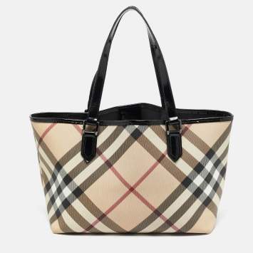 Pre Owned Burberry Beige/Black Supernova Check Coated Canvas and Patent Leather Nickie Tote