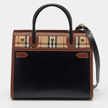Pre Owned Burberry Black/Beige Housecheck Fabric and Leather Title Tote