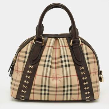 Pre Owned Burberry Brown/Beige Haymarket Check Coated Canvas and Leather Thornley Bag
