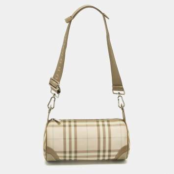 Pre Owned Burberry Pink/Beige House Check Nylon and Leather Barrel Bag