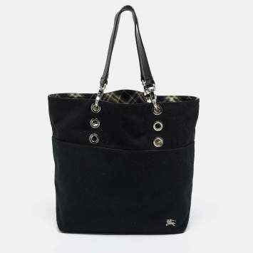 Pre Owned Burberry Black Canvas and Leather Eyelet Tote