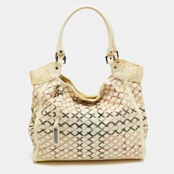 Pre Owned Burberry Cream/Beige Woven Nova Check PVC and Patent Leather Tote 