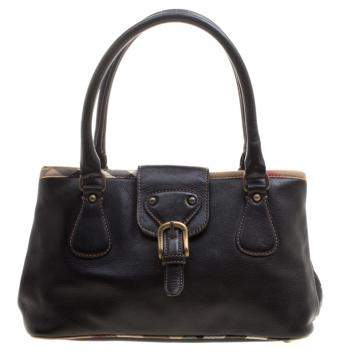 Pre Owned Burberry Black Leather Buckle Tote
