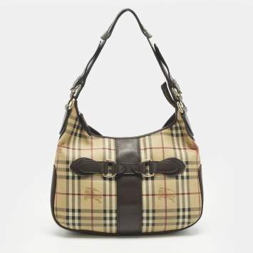 Pre Owned Burberry Dark Brown/Beige Haymarket Coated Canvas and Leather Hobo