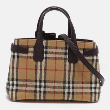 Pre Owned Burberry Banner Small Beige Vintage Check Canvas Tote
