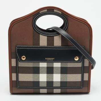 Pre Owned Burberry Pocket Mini Black/Brown Knitted Check Coated Canvas and Leather Bag