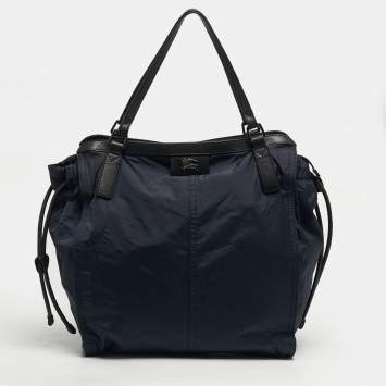 Pre Owned Burberry Buckleigh Navy Blue/Black Leather and Nylon Tote