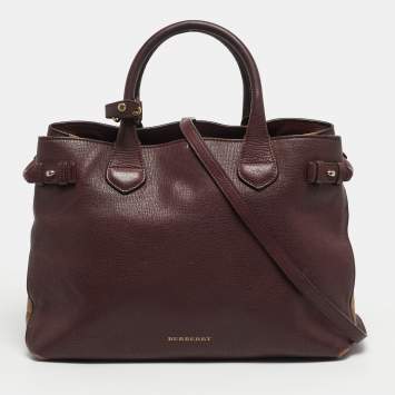 Pre Owned Burberry Banner Medium Burgundy/Beige Leather and House Check Canvas Tote