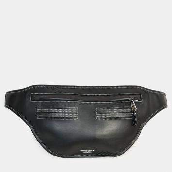 مملوكة مسبقًا حقيبة حزام بربري جلد أسود بغرز متباينة بيضاء 'بروميل'