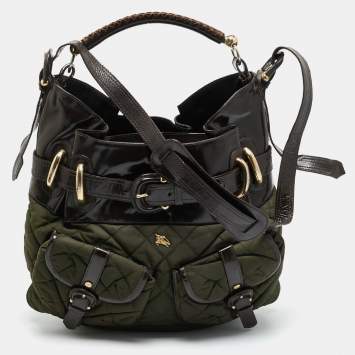 Pre Owned Burberry Bromley Brown/Khaki Quilted Nylon and Patent Leather Hobo