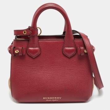 Pre Owned Burberry Banner Mini Red/Beige Leather and House Check Fabric Tote