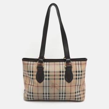 Pre Owned Burberry Regent Medium Beige/Brown Haymarket Check Coated Canvas Tote