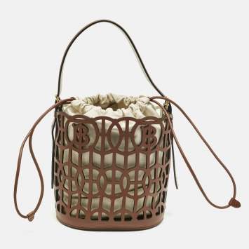 Pre Owned Burberry Brown Laser Cut Leather Bucket Bag