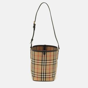 مملوكة مسبقًا Burberry Ashby Archive Beige Check Fabric and Leather Bucket Bag