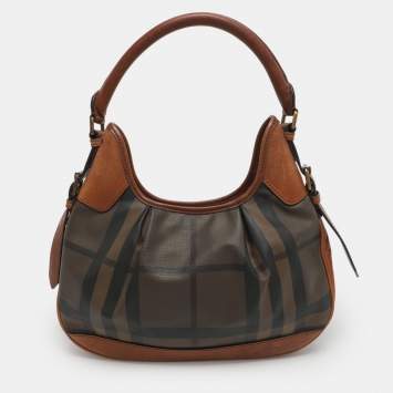 Pre Owned Burberry Brooklyn Brown House Check PVC and Leather Hobo