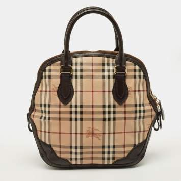 Pre Owned Burberry Orchard Dark Brown/Beige Coated Canvas Haymarket Check Bowler Bag