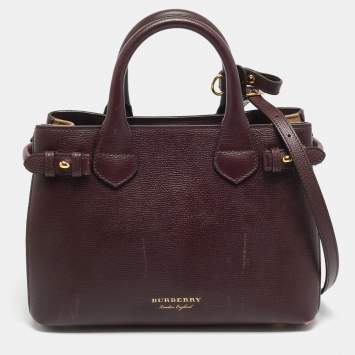 Pre Owned Burberry Banner Small Burgundy/Beige House Check Fabric and Leather Tote