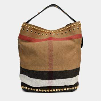 مملوكة مسبقًا Burberry Brown/Black Linen/Leather Novacheck Studded Hobo Bag