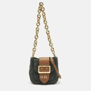Pre Owned Burberry Buckle Green/Brown Leather and Suede Crossbody Bag