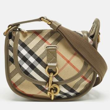 Pre Owned Burberry B Clip Mini Khaki Heritage Check Canvas Messenger Bag