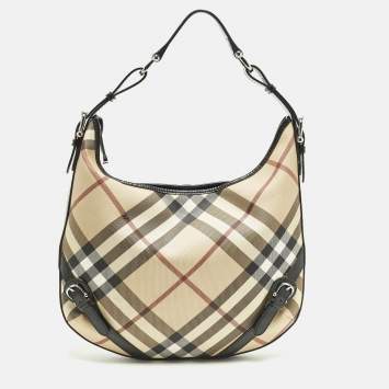 Pre Owned Burberry Larkin Beige/Black Supernova Check PVC and Patent Leather Hobo
