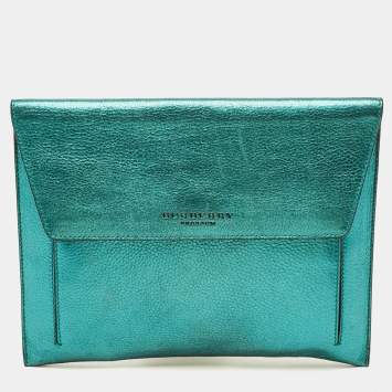 مملوكة مسبقًا Burberry Metallic Green Leather Envelope Clutch