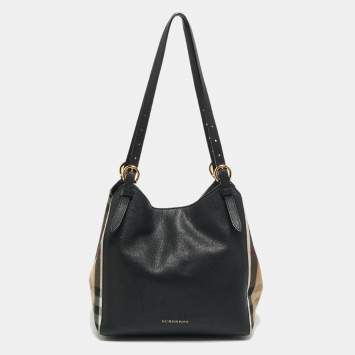 Pre Owned Burberry Canterbury Small Black/Beige House Check Fabric and Leather Tote