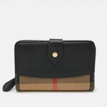 Pre Owned Burberry Finsbury Black/Beige House Check Canvas and Leather French Wallet