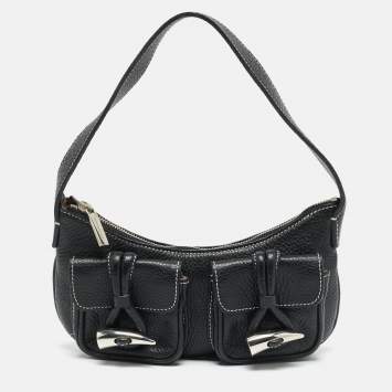 Pre Owned Burberry Double Pocket Black Leather Shoulder Bag