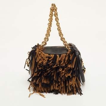 مملوكة مسبقًا Burberry Black/Brown Lizard Embossed Leather and Fringe Suede Chain Satchel