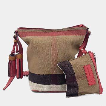 Pre Owned Burberry Beige Red Canvas Tassel Susanna Mini Hobo Bag